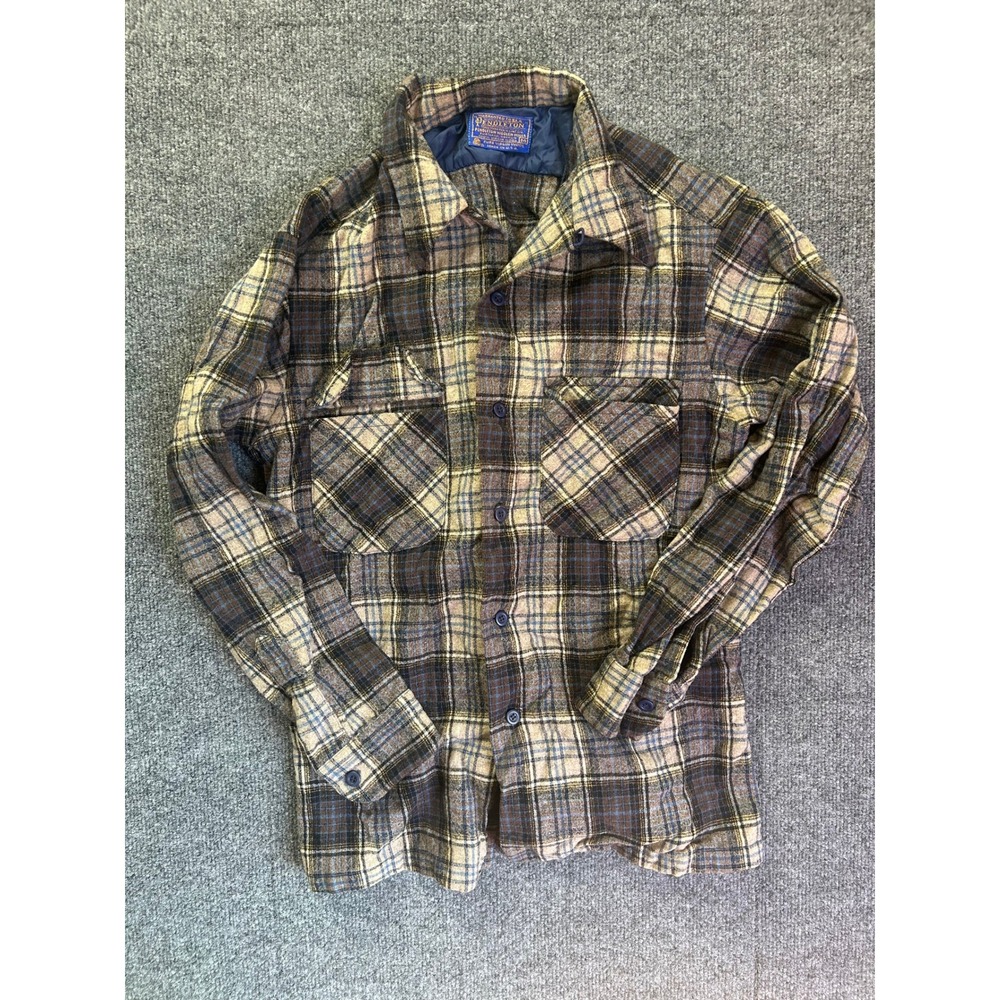 Pendleton Board Shirt Mens M Brown Plaid Vintage 70s Virgin Wool Flannel USA